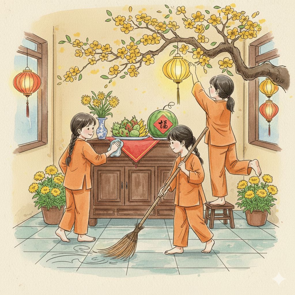 Vietnamese family cleaning and decorating their home before Tết, lanterns, yellow apricot blossoms