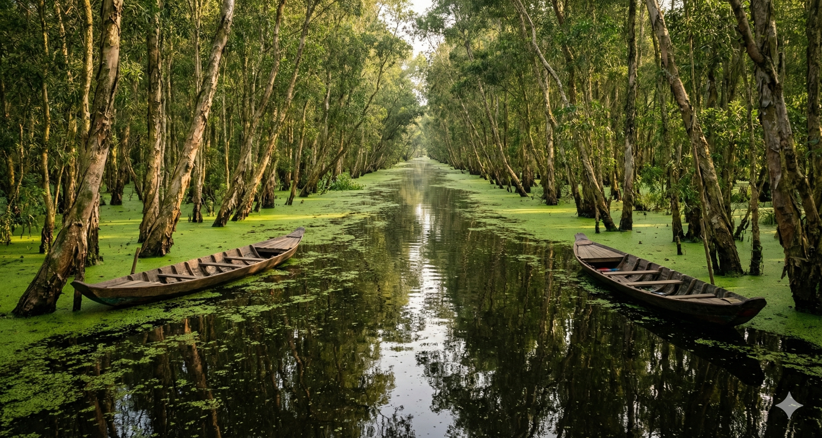 Trà Sư cajuput forest in An Giang, Vietnam, with boats moving through green flooded wetlands