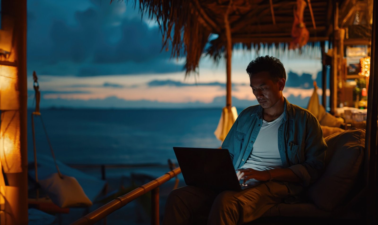 a digital nomad sitting on a couch with a laptop by the sea in Vietnam