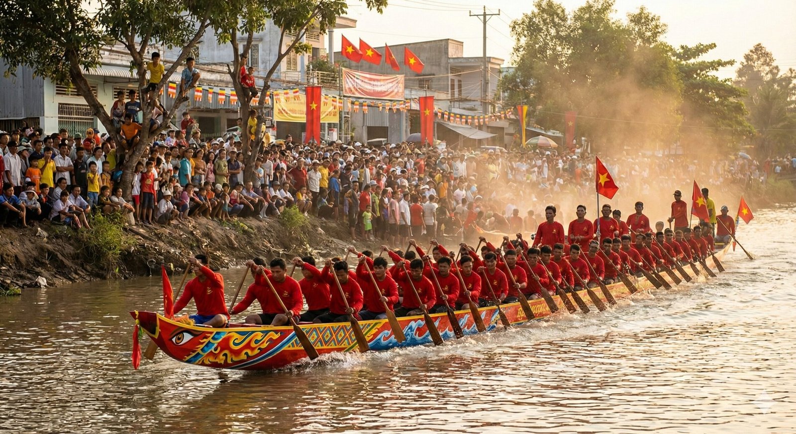 A long Khmer Ghe Ngo boat painted in bright traditional patterns races along the Maspero River durin