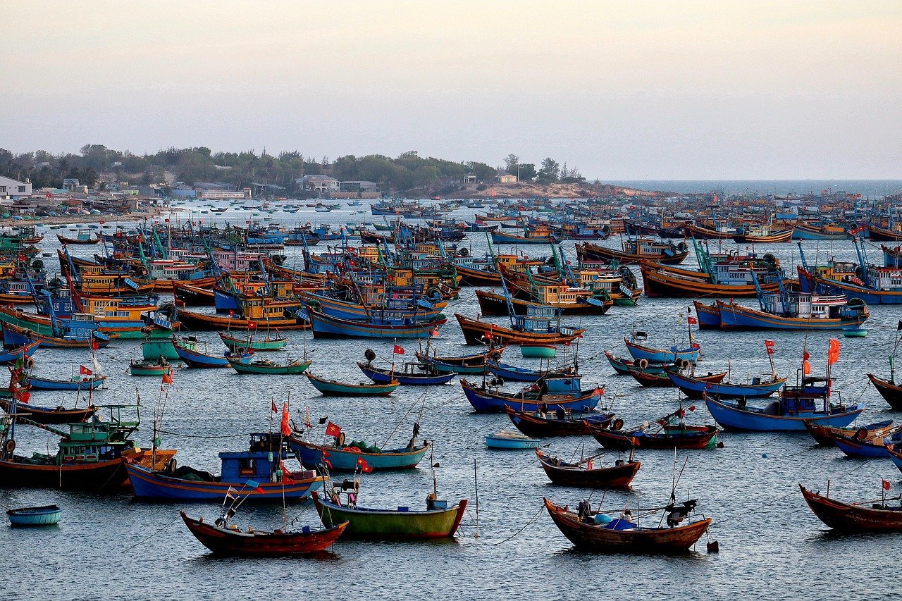 Hundreds of teal and blue wooden fishing boats anchored in the Mui Ne fishing village harbor during 