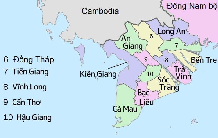 Administrative map of the Mekong Delta in southern Vietnam showing its provinces and coastline, bord